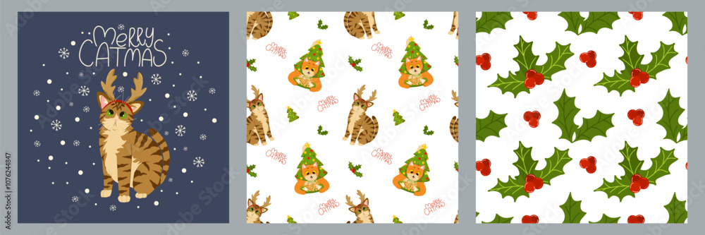 Naklejka premium Funny cats celebrating Christmas and New Year. Set of cards and seamless patterns. Background of kittens playing with Christmas ornaments. Vector cartoon holiday print on fabric, wrapping, clothing