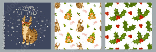 Funny cats celebrating Christmas and New Year. Set of cards and seamless patterns. Background of kittens playing with Christmas ornaments. Vector cartoon holiday print on fabric, wrapping, clothing