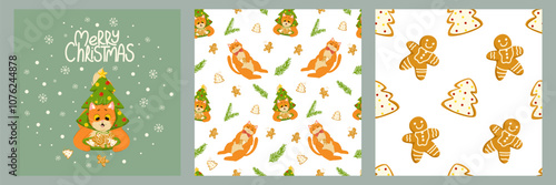 Funny cats celebrating Christmas and New Year. Set of cards and seamless patterns. Background of kittens playing with Christmas ornaments. Vector cartoon holiday print on fabric, wrapping, clothing