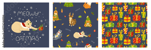 Funny cats celebrating Christmas and New Year. Set of cards and seamless patterns. Background of kittens playing with Christmas ornaments. Vector cartoon holiday print on fabric, wrapping, clothing