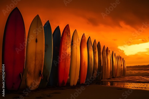 Set of different color surf boards in a stack by ocean Bali Indonesia. Surf boards on sandy beach for rent. Surf lessons on Weligama beach, Sri Lanka. photo