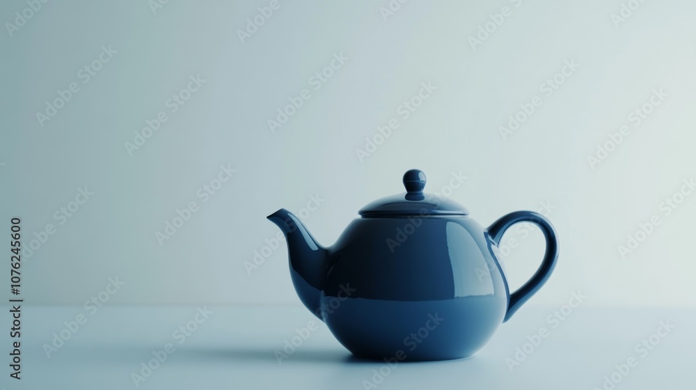 A dark blue teapot sits against a plain white backdrop. A dark blue teapot sits against a plain white backdrop.