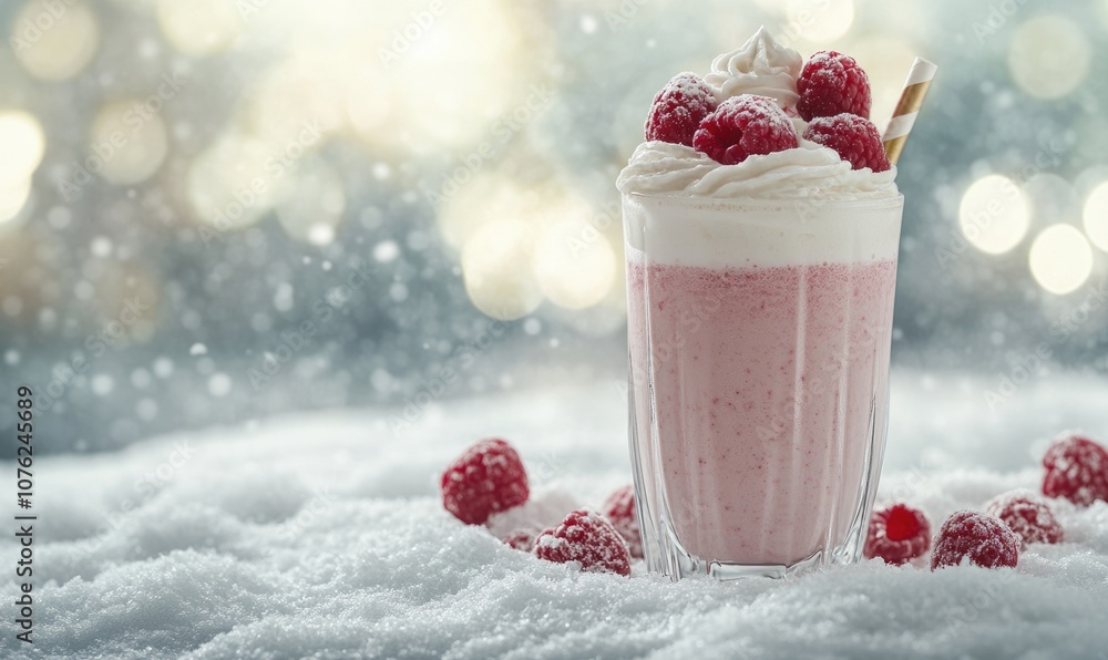 A glass of pink drink with whipped cream and raspberries on top A glass of pink drink with whipped cream and raspberries on top