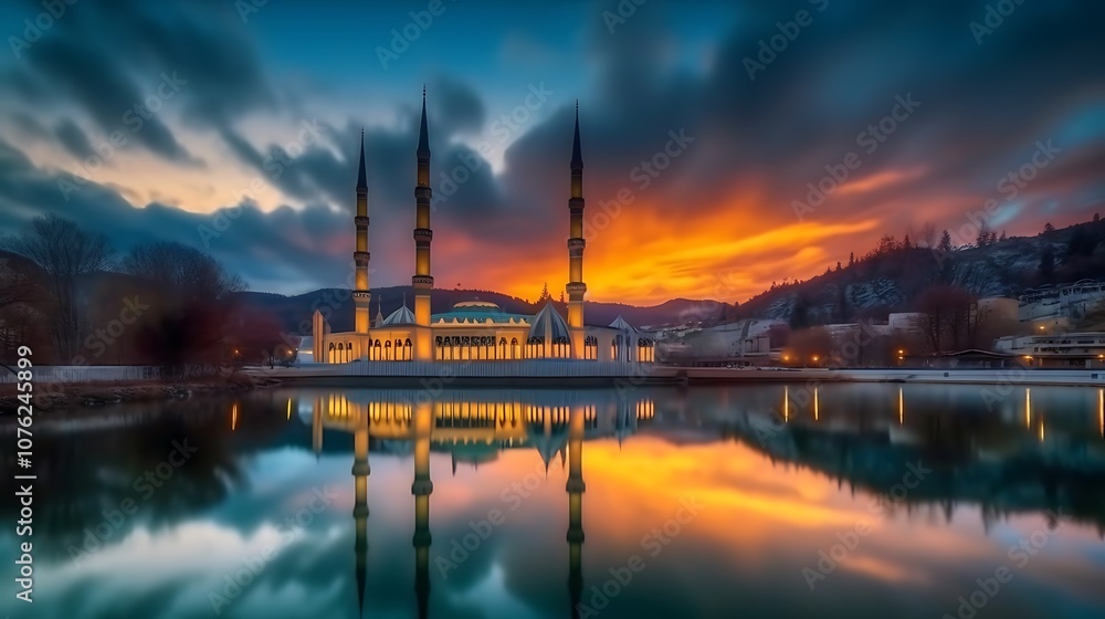 A Mosque Reflecting in a Lake at Sunset A Mosque Reflecting in a Lake at Sunset