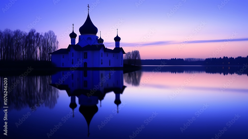 Obraz premium Church with Onion Domes Reflected in a Calm Lake at Dusk