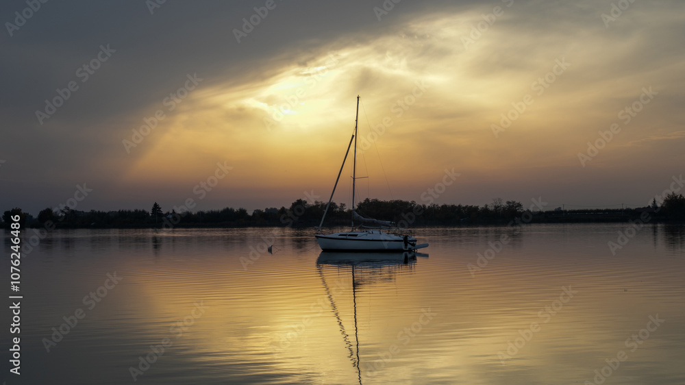 A sailboat gently floats on calm waters during a serene sunset, evoking a sense of peace and tranquility A sailboat gently floats on calm waters during a serene sunset, evoking a sense of peace and tranquility