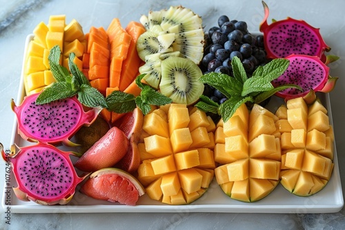 A Colorful Arrangement of Freshly Cut Tropical Fruits and Grapes photo