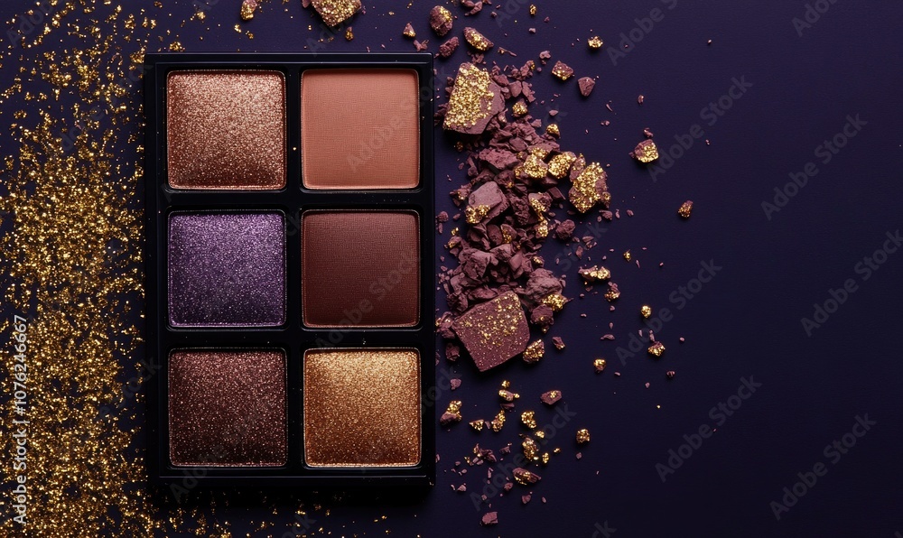 Fototapeta premium A palette of eyeshadow colors: soft lavender, warm rose, deep bronze, and light gold shimmer, with a subtle gold confetti effect