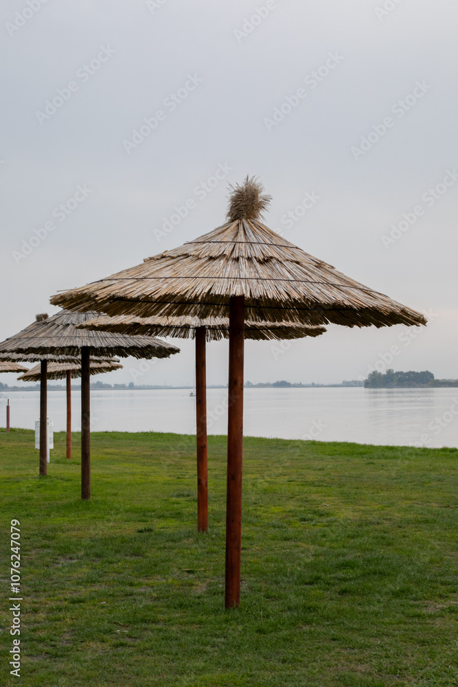Wooden beach parasols on a grassy lakeshore under overcast skies evoke summer retreat and peaceful vacation vibes Wooden beach parasols on a grassy lakeshore under overcast skies evoke summer retreat and peaceful vacation vibes