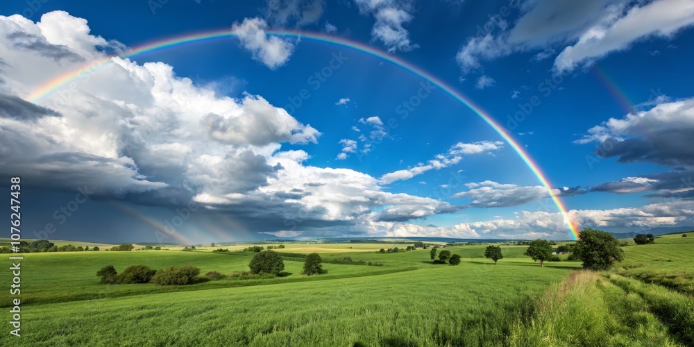 Obraz premium Breathtaking Rainbow Over Lush Green Field with Blue Sky and Clouds, Capturing Nature's Beauty in Perfect Harmony for Scenic Landscapes and Outdoor Photography