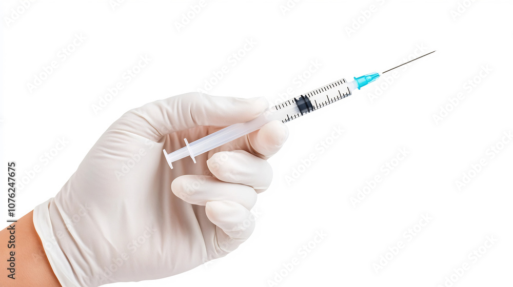 Gloved Hand Holding Syringe on Dimly Lit White Background Gloved Hand Holding Syringe on Dimly Lit White Background
