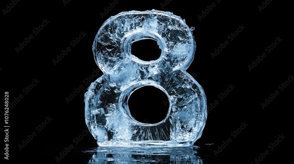 A frozen number eight made of ice on a black background. A frozen number eight made of ice on a black background.