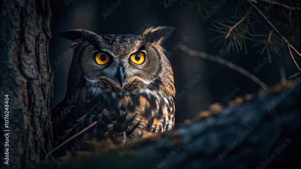 Captivating Long Exposure of a Large Owl with Glowing Yellow Eyes in a Dark, Moody Atmosphere Captivating Long Exposure of a Large Owl with Glowing Yellow Eyes in a Dark, Moody Atmosphere