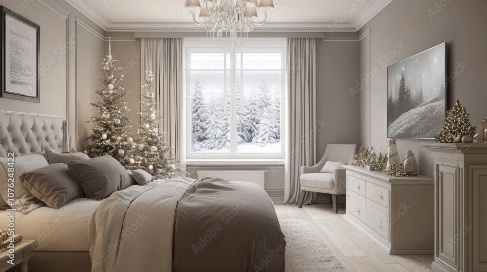 Obraz premium Cozy neutral christmas interior room with elegant holiday decor, featuring soft beige and white accents, minimalist modern home ambiance, and stylish christmas tree, ornaments, and festive details for