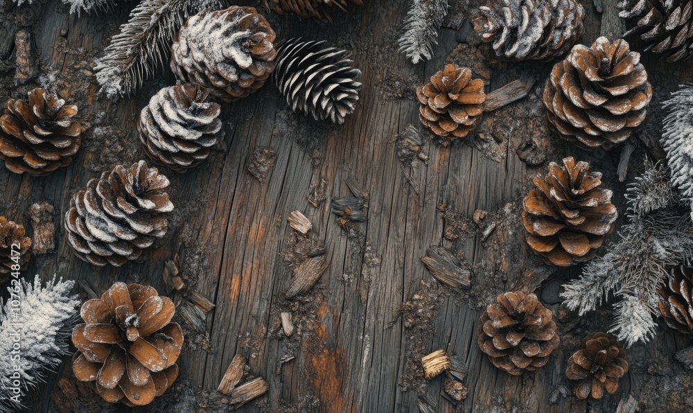 A wood grain background with a bunch of pine cones on it A wood grain background with a bunch of pine cones on it