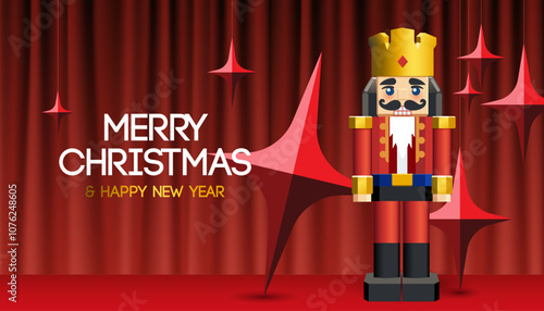 Merry Christmas web banner with Nutcracker, Xmas stars, red stage curtains, snow, festive decoration for Christmas and New Year
