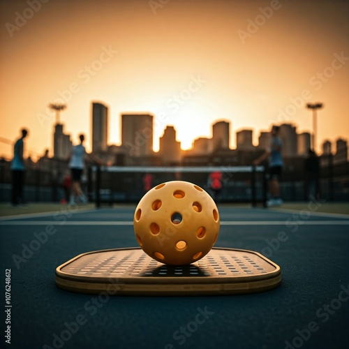 Pickleball Ball and Paddle, Pickleball Bal, Paddle, sport, sport. closed up, road, football, soccer, transport, pickleball, paddle, ball, urban, city, concrete jungle, contrast, modern, button, bowlin photo