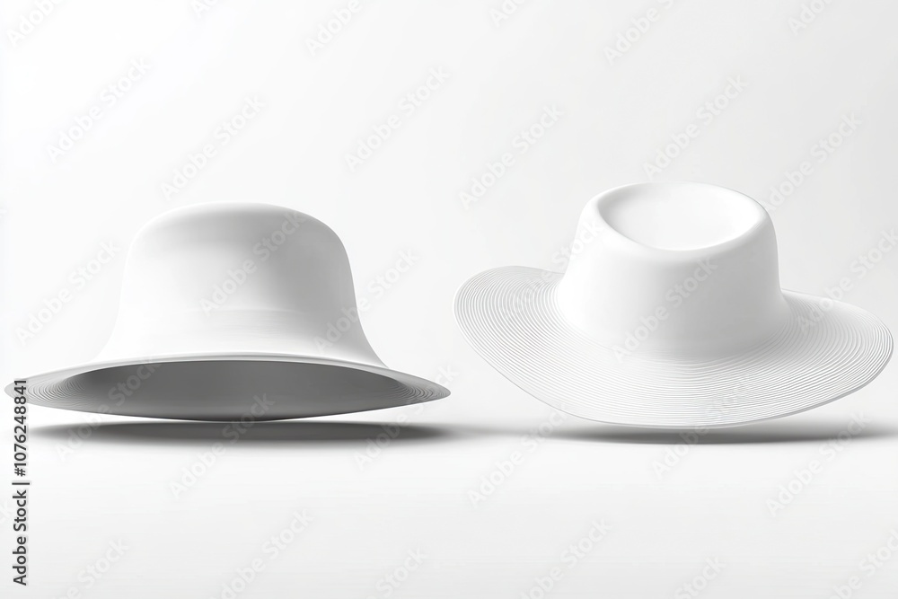 3/4 front angle and back view of a white hat mockup. The hat is displayed with clean lines, showcasing the curvature and design of the hat from both angles. generative ai 3/4 front angle and back view of a white hat mockup. The hat is displayed with clean lines, showcasing the curvature and design of the hat from both angles. generative ai
