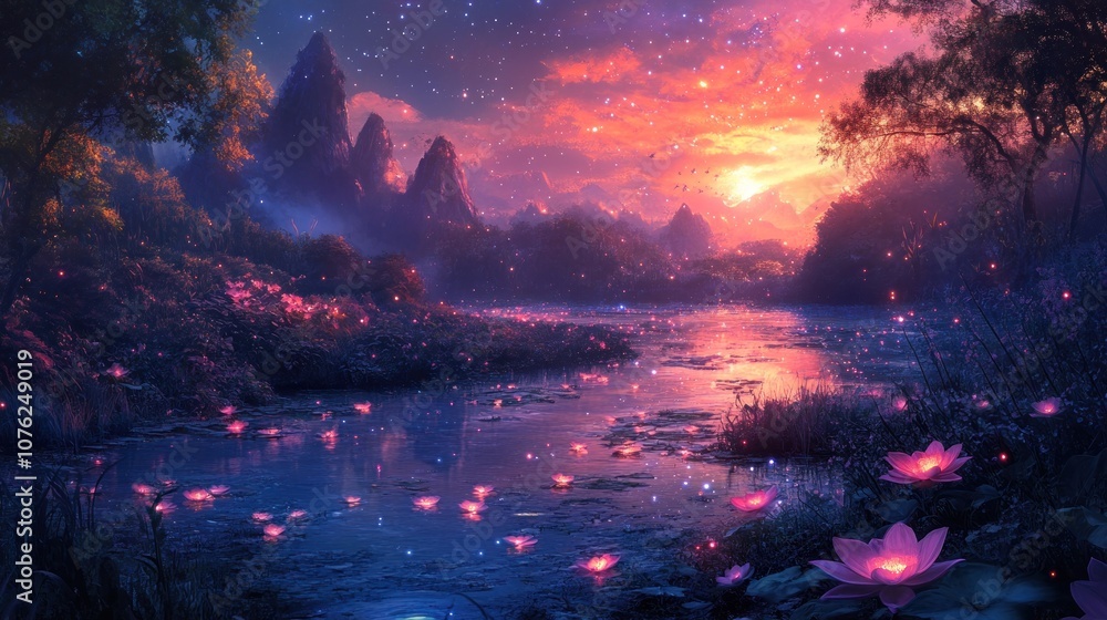 Mystical River in the Mountains at Sunset Mystical River in the Mountains at Sunset