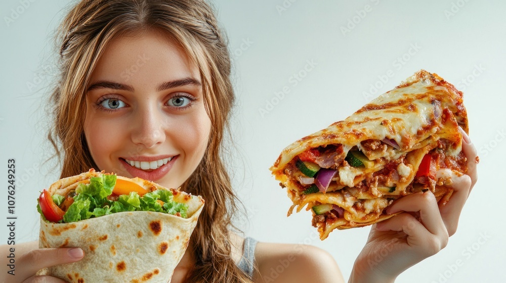 Woman holding a lasagne and a wrap Woman holding a lasagne and a wrap