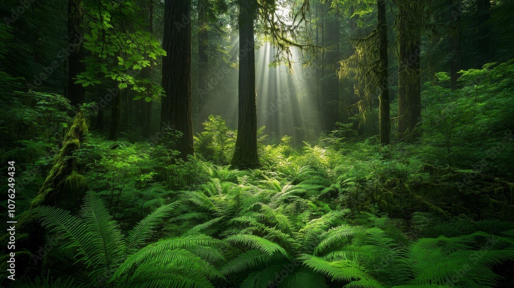Obraz premium Sunbeams Filtering Through a Lush Forest Canopy