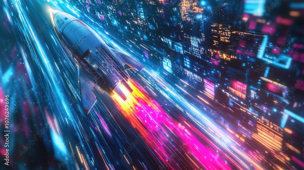 A futuristic rocket ship streaks through a neon-lit cityscape, leaving a trail of glowing light in its wake. A futuristic rocket ship streaks through a neon-lit cityscape, leaving a trail of glowing light in its wake.