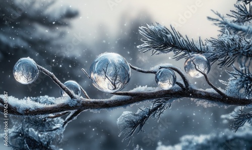 A branch covered in snow and ice with a few small, clear spheres hanging from it