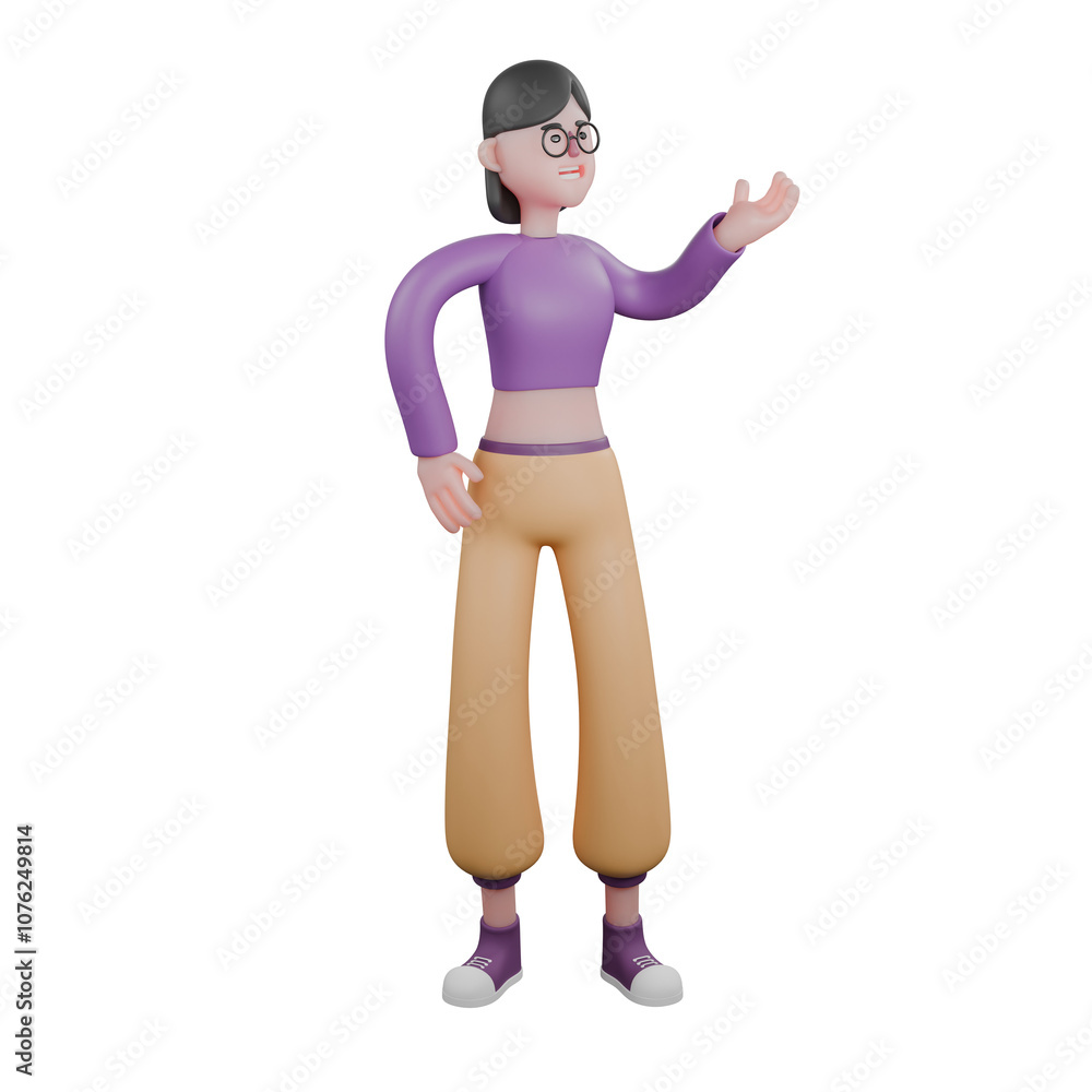 Cartoon Dance Artist in 3D. A female dancer stands looking to the left while extending her palm forward. Creative Artist Cartoon Dance Artist in 3D. A female dancer stands looking to the left while extending her palm forward. Creative Artist