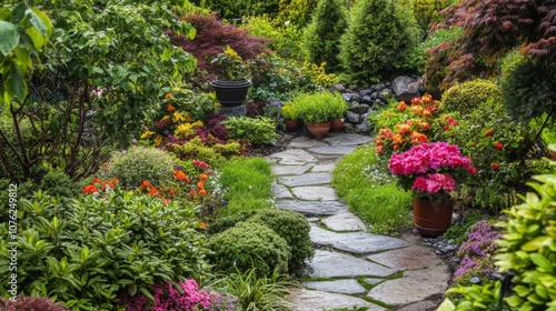 Stone Path Winding Through a Lush, Colorful Garden