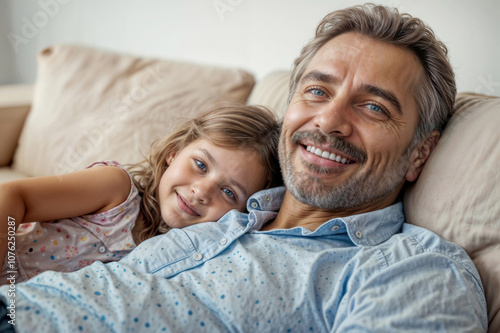 Daddy and a little daughter girl are sitting on a couch, the man smiling at the girl. Scene is warm and loving, as the man and the girl are enjoying each other's company