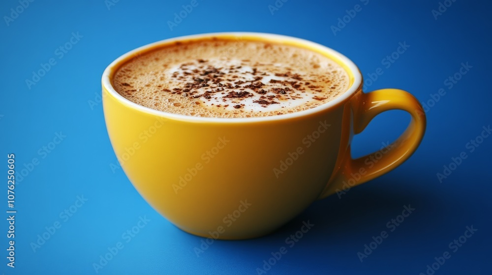 A lovely yellow coffee cup filled with cappuccino sits against a blue backdrop. A lovely yellow coffee cup filled with cappuccino sits against a blue backdrop.