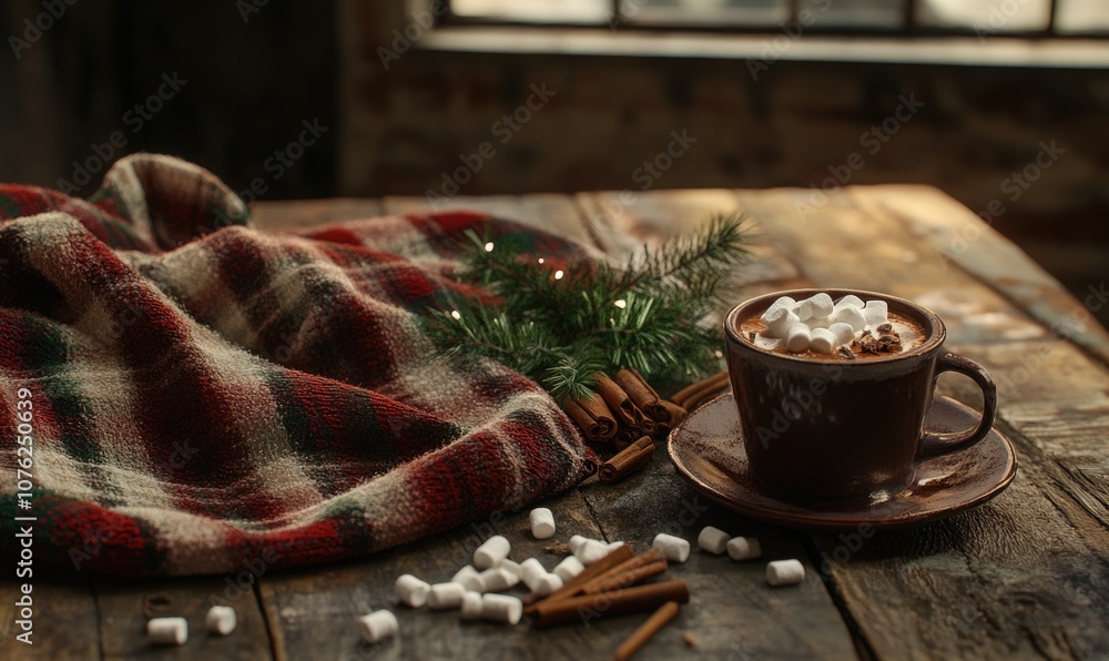 A mug of hot chocolate with marshmallows and cinnamon sticks on a wooden table A mug of hot chocolate with marshmallows and cinnamon sticks on a wooden table