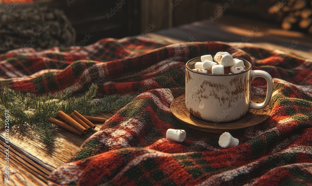 A mug of hot chocolate with marshmallows on a red and green plaid blanket A mug of hot chocolate with marshmallows on a red and green plaid blanket