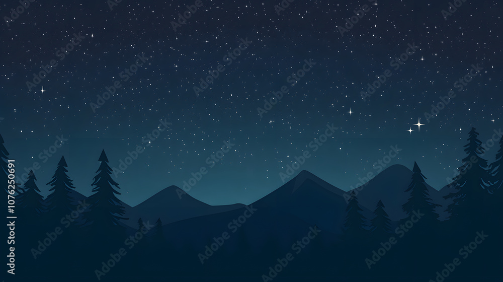 Fototapeta premium dark moody night sky filled with twinkling stars above silhouette of mountains and pine trees creates serene and tranquil atmosphere