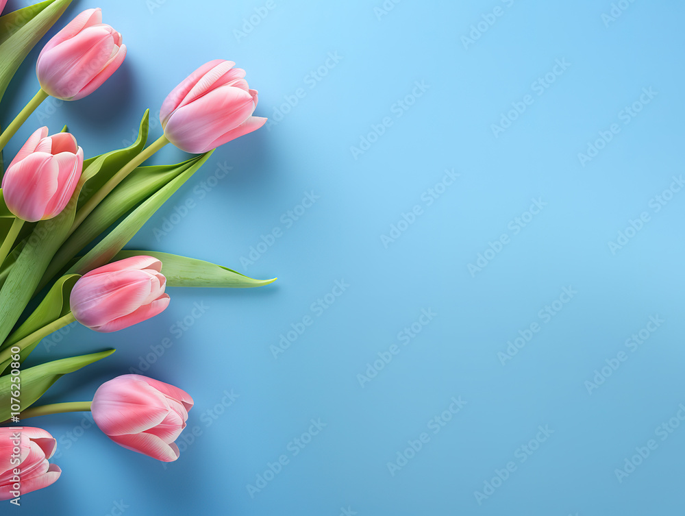 Fresh Spring Tulip Flowers on Blue Background for Seasonal Greetings and Celebrations Fresh Spring Tulip Flowers on Blue Background for Seasonal Greetings and Celebrations