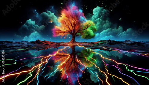 Colorful , Magical Big Tree, Background,  Landscape, Bright and Tranquil Nature, for Home Decor, YouTube Thumbnail, Design, Music Cover Art, 4K Wallpaper
