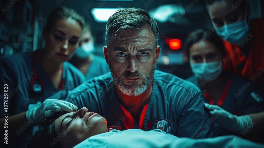 Obraz premium A team of paramedics work diligently to save a patient's life in the back of an ambulance.