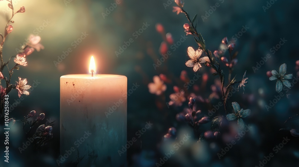 A single candle flickers softly in the fading light, surrounded by delicate blossoms. A single candle flickers softly in the fading light, surrounded by delicate blossoms.