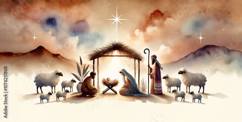 Nativity scene in Bethlehem. Christmas scene illustration showing Holy Family baby Jesus in the manger Mary and Joseph. Watercolor painting. Banner Copy space