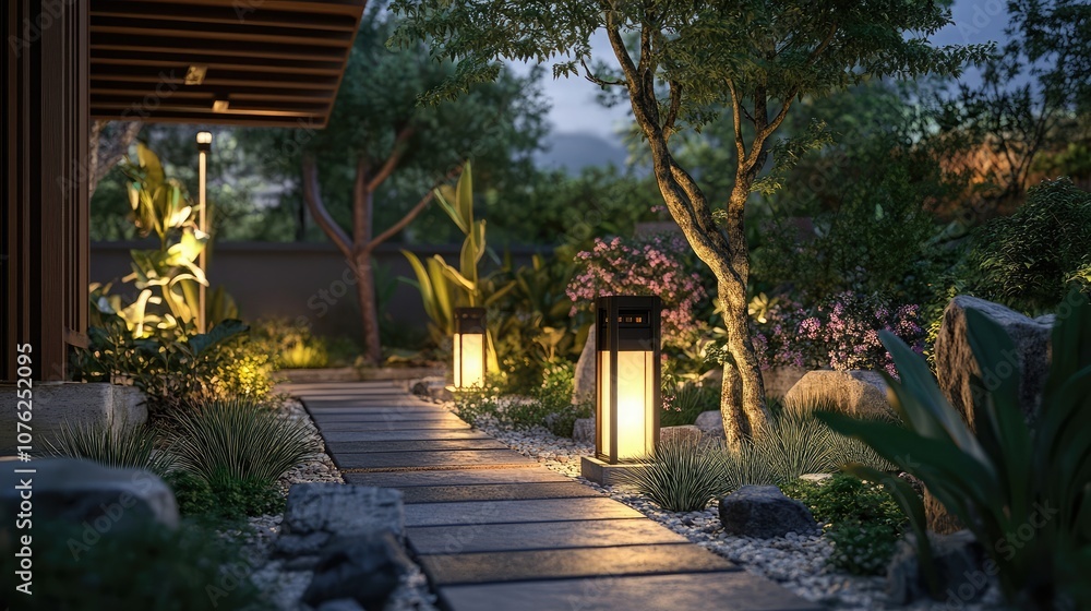 A stone path illuminated by warm lanterns winds through a lush, green garden at dusk.