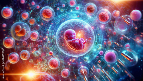 Digital artwork of a fetus in an embryonic environment surrounded by cells, symbolizing life and genetic science