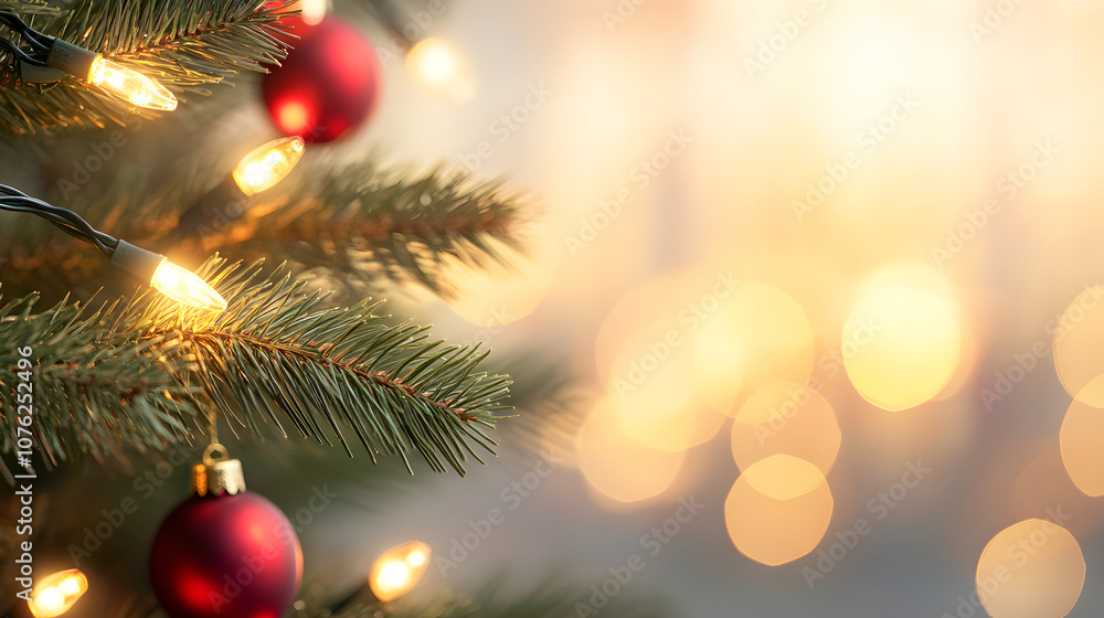 close up shot of twinkling Christmas lights and ornaments on festive tree, creating warm and joyful atmosphere. soft bokeh in background enhances holiday spirit close up shot of twinkling Christmas lights and ornaments on festive tree, creating warm and joyful atmosphere. soft bokeh in background enhances holiday spirit