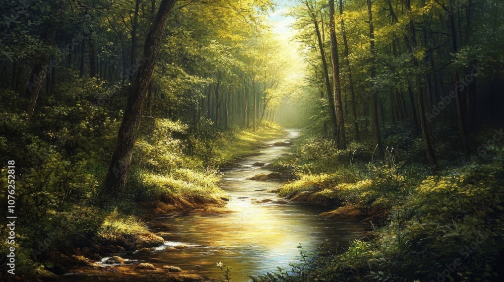 Fototapeta premium Serene Stream Winding Through a Sun-Dappled Forest