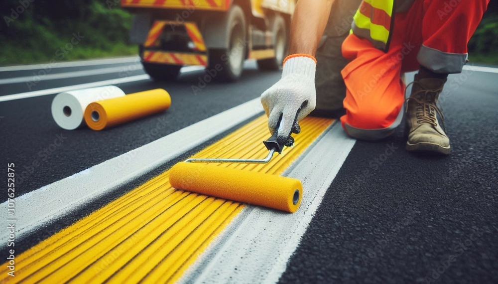 Fototapeta premium Bright white road surface markings on asphalt