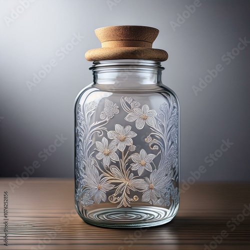 showcases a tall glass jar with a decorative design featuring flowers and leaves, highlighted by gold filigree accents. The jar is equipped with a round cork stopper at its narrow top, indic photo