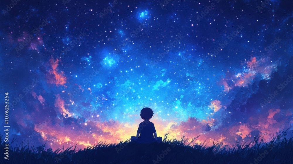 A child gazes in wonder at a breathtaking starry sky during twilight in a serene landscape A child gazes in wonder at a breathtaking starry sky during twilight in a serene landscape