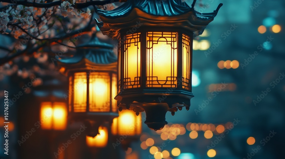 A close-up of street lanterns lighting up a city street at night, capturing the intricate design and warm glow of the lanterns A close-up of street lanterns lighting up a city street at night, capturing the intricate design and warm glow of the lanterns