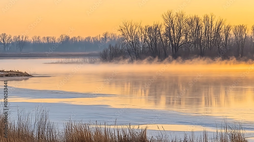 Fototapeta premium A Misty Sunrise Over a Frozen Lake with Bare Trees