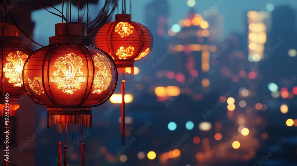 A close-up of street lanterns lighting up a night cityscape, highlighting the intricate design of the lanterns against a dark urban backdrop A close-up of street lanterns lighting up a night cityscape, highlighting the intricate design of the lanterns against a dark urban backdrop