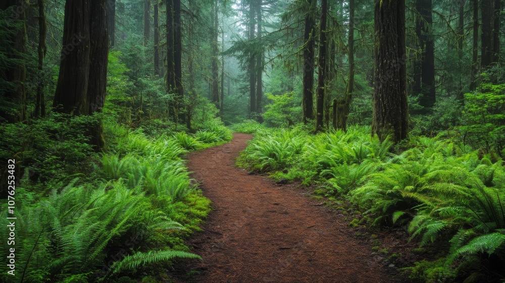 Winding Path Through a Misty Evergreen Forest Winding Path Through a Misty Evergreen Forest